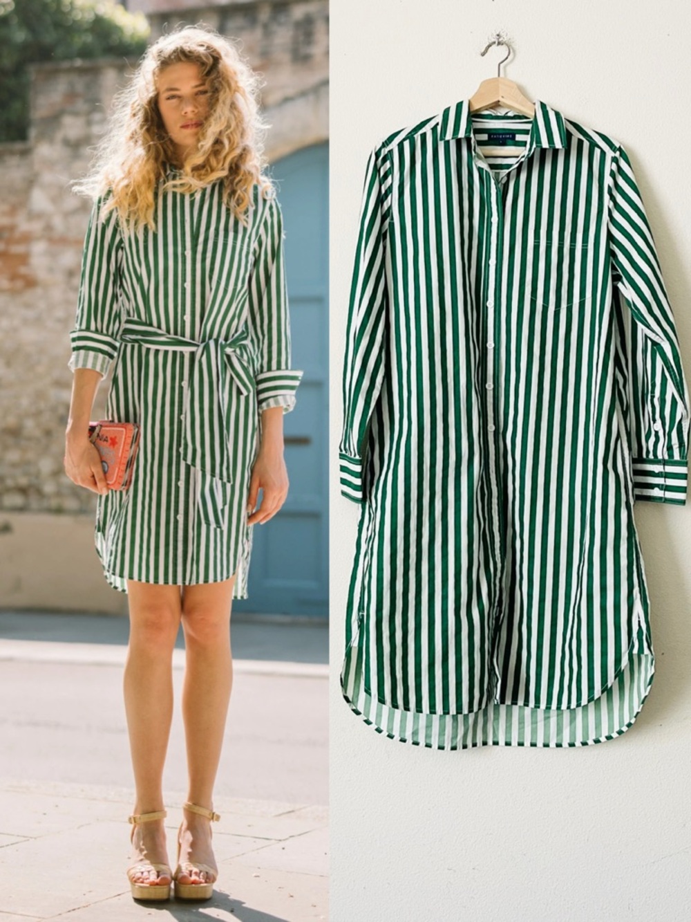 Katie Kime LARGE Sophie long sleeve shirt dress in Basil (green white striped)